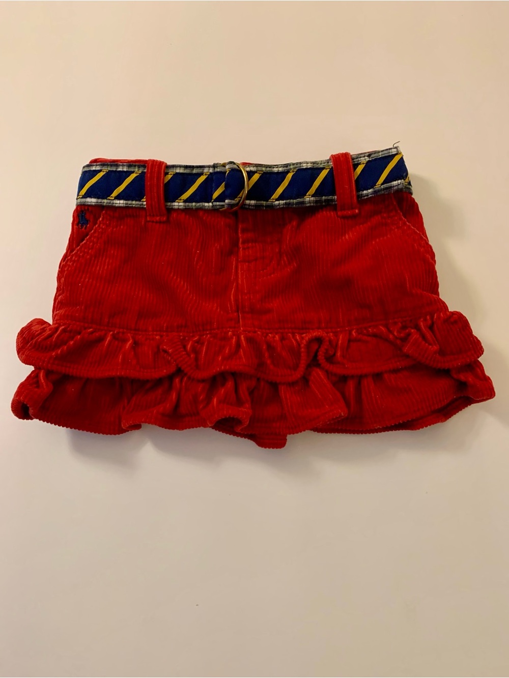 Ralph Lauren Red Corduroy Ruffle Skirt with Navy & Yellow Striped Belt